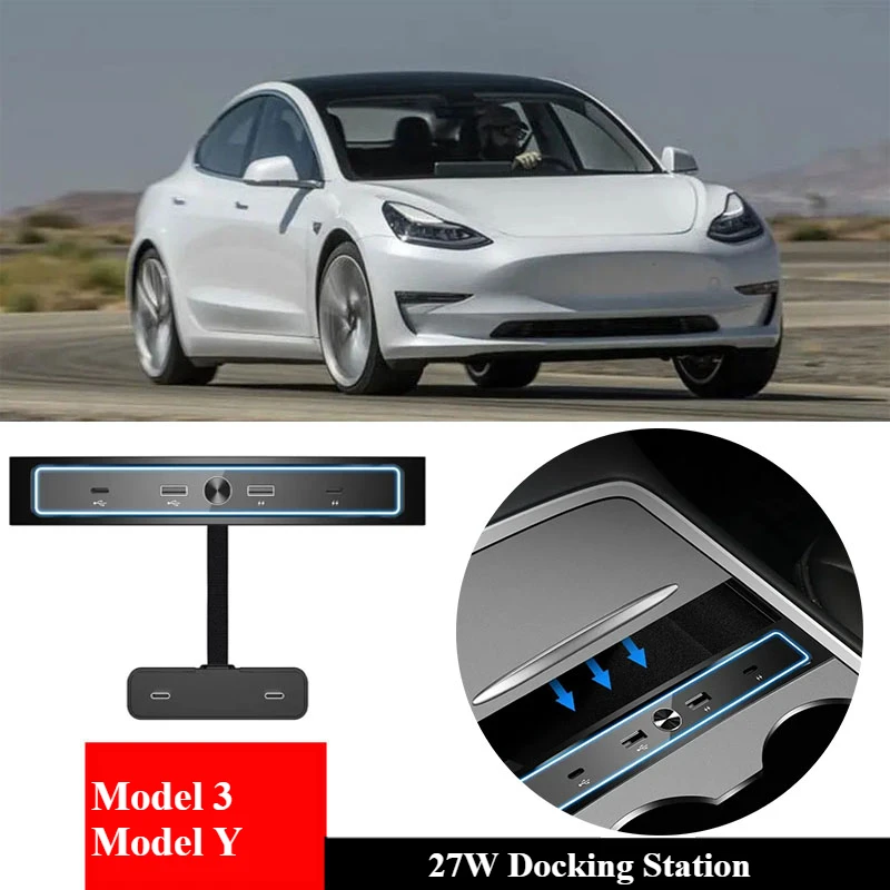 Fast Charger For Tesla Model 3 Y 2021-2023 27W Quick Charger USB Shunt Hub Docking Station Car Adapter Power Splitter Extension