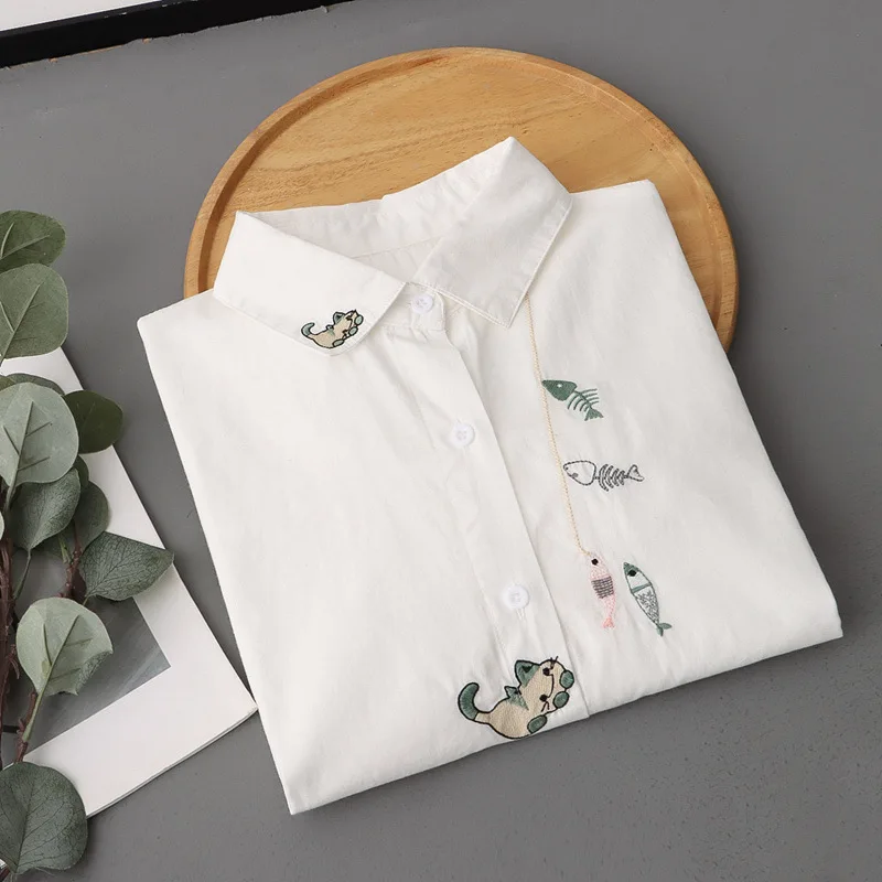 Fall clothes 2024 women spring Japanese fashion cotton cartoon fish embroider white shirt blouses for women long sleeve shirt