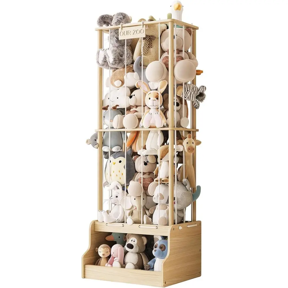Wooden Stuffed Animal Zoo Storage with Chest and Strong Elastic Bands for Playrooms, Living Rooms, Nurseries, and Bedrooms