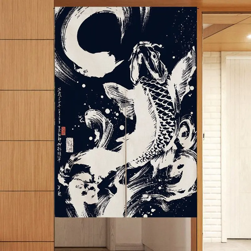 VIKAMA Japanese Ink Koi Wave Half Door Curtain Kitchen Bedroom Tea Room Partition Curtain Home Decoration