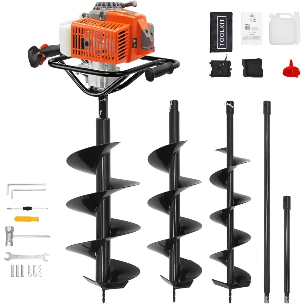 

72cc 2-Stroke Auger Post Hole Digger with 2 Extension Rods & 6 & 8 Auger Bits - Gas Powered Earth Auger for Fencing, Gardening