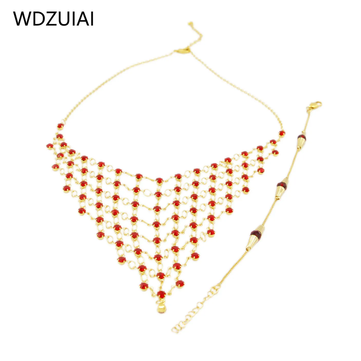 WDZUIAI Red Stone Gold Color Necklace&Bracelet Jewelry Set Ethiopian French Women Girls Party Trendy Jewelry BOHEMIA Youth Gifts