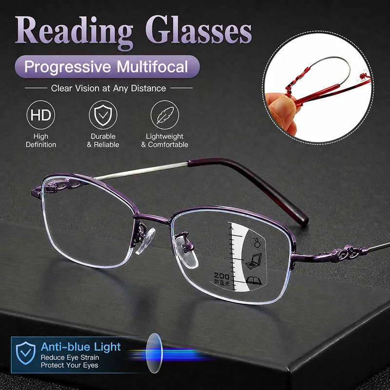 Metall-Halbrahmen-Smart-Zoom-Progressive-Multifokal-Lesebrille für Damen und Herren, Anti-Blaulicht-UV-Schutz-Brille gegen Weitsichtigkeit