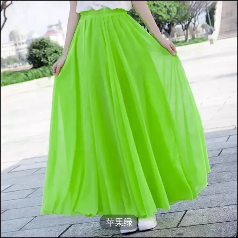 Women Chiffon Long Skirts Elastic Waist Pleated Maxi Skirts Beach Boho Vintage Summer Skirts Faldas Saia Harajuku