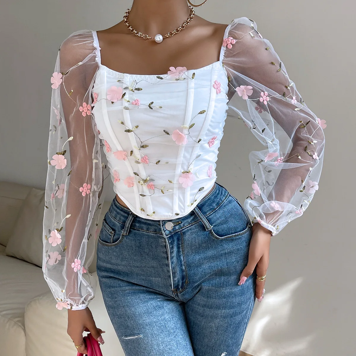 INS French Corset Floral Gauze Long Sleeve Crop Tops Summer Lace Backless Fishbone Bustier Tank Top Women Clothes Slim Camisole