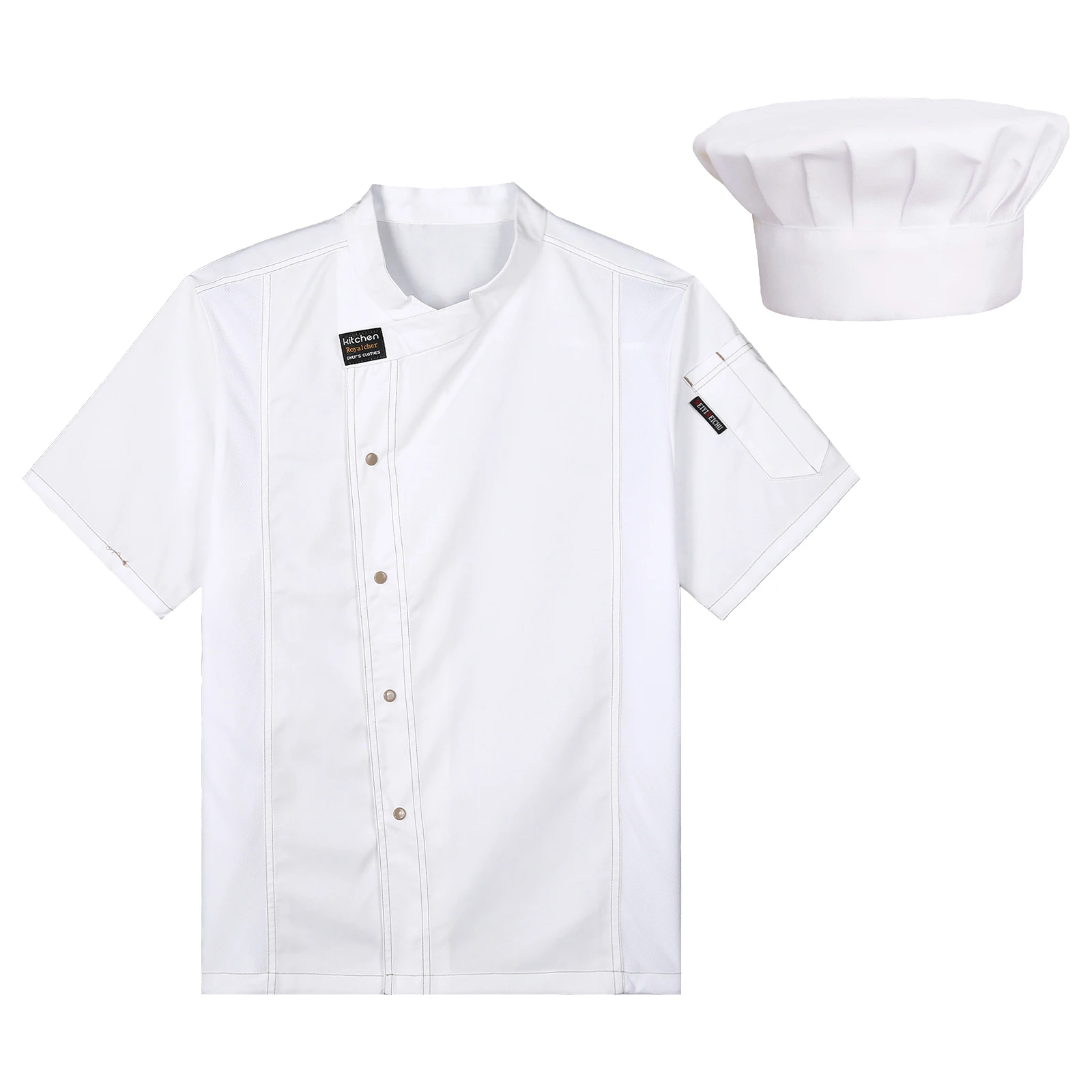 Mens Womens Kitchen Work Uniform Short Sleeve Chef Coat Tops Hotel Restaurant Canteen Bakeshop Cafe Costume Cook Jacket with Hat