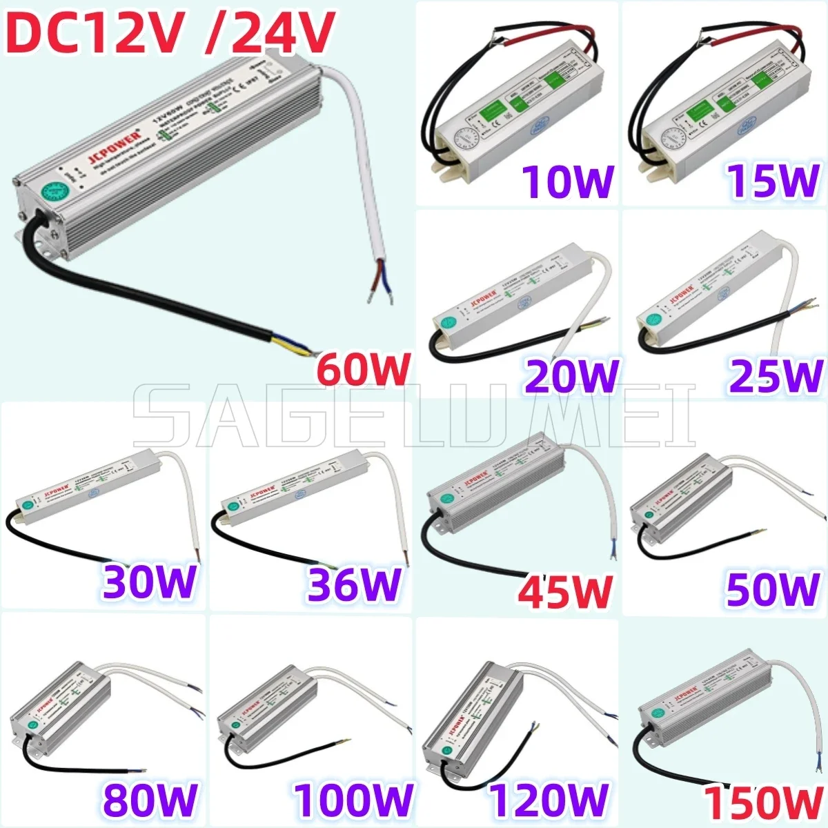 AC110V 220V To DC24V/12V Waterproof LED Driver IP67 10W 20W 30W 50W 60W 100W 150W for Led Strip Outdoor LED Power Supply Adapter