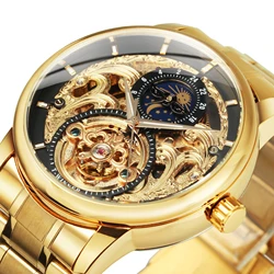 WINNER Gold Tourbillon Moon Phase Skeleton Automatic Watch for Men Leather Steel Strap Retro Luxury Brand Mechanical Watches New