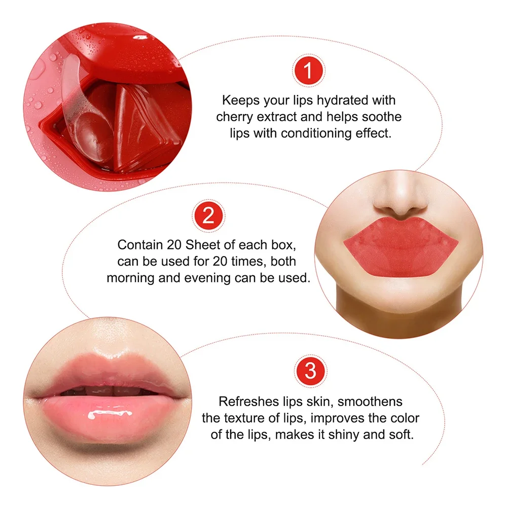 1 Box 20pcs Moisturizing Lip Mask Cherry Crystal Collagen Anti-Ageing Pad Lips Masks Peel Off Lips Care Beauty Skin Care Mask