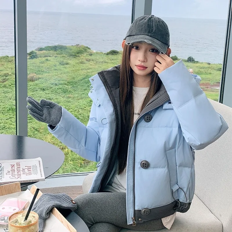 여성용 짧은 한국 스타일 보라색 멋진 배색 두꺼운 후드 겨울 재킷 신상 솜 패딩 옷