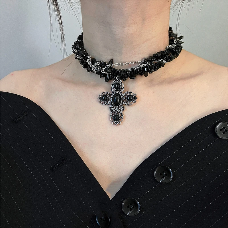 ZHUHE Agate Crushed Stone Cross Necklace Neo-Gothic For Men And Women Copper Alloy Jewelry Party Gift