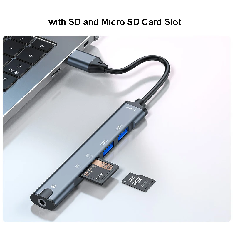 محور 5 في 1 مع 3.5 ملم من النوع C إلى USB HUB شاحن تمديد محول صندوق محول مع قارئ بطاقات TF Micro SD مقسم USB #6