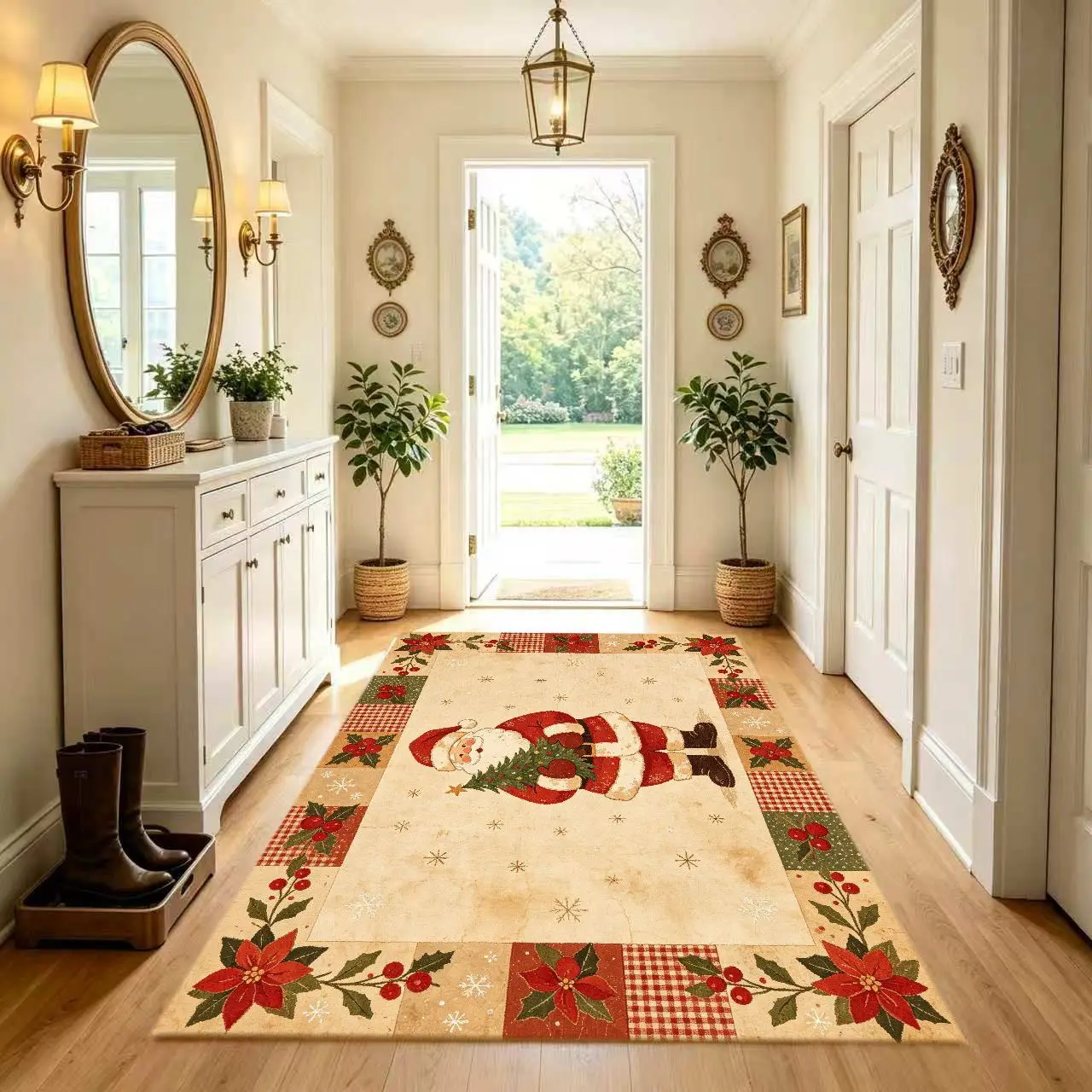 1pc Soft Poinsettia Christmas Area Rug, Non Slip, Machine Washable, Rectangular Jumbo Mat for Living Room, Bedroom