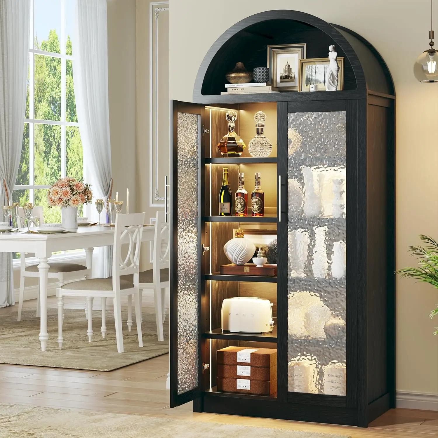 

Arched Display Cabinet with Glass Doors, 6-Tier Curio Cabinet with 3 Color Lights for Collectibles, 71" Tall Glass Display Case