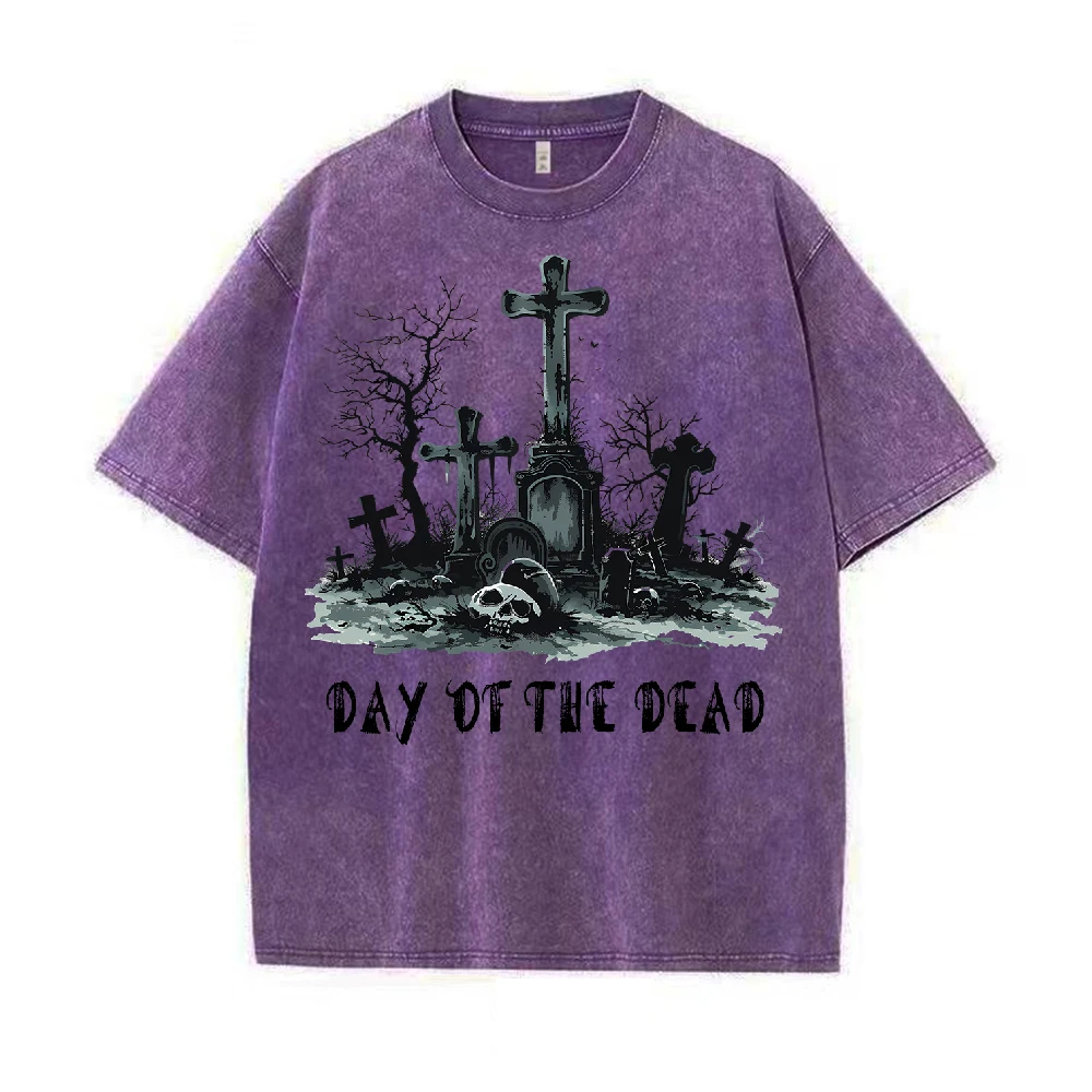 T Shirts for Men Adults Kids HALLOWEEN Tombstone DAY OF THE DEAD Graffiti Tshirt Washed Cotton Crewneck T-Shirt 2024 New Fashion