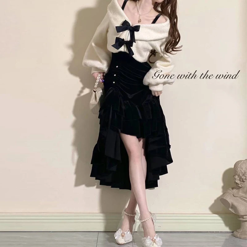 

JSK Strap Dress for Women Black Velvet Lolita Sleeveless Slim Sexy Irregular Ruffle Mermaid Dress Spring Autumn Coat Lady 2025