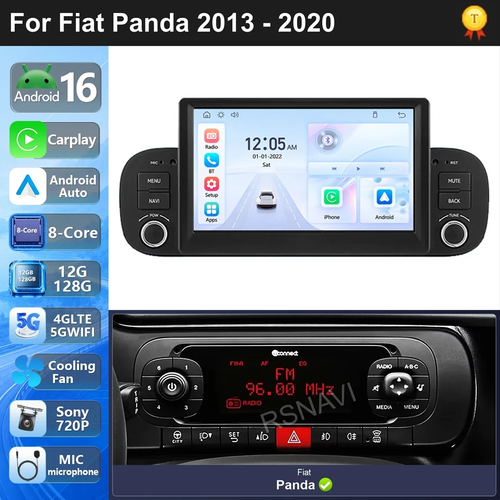 For Fiat Panda 2013-2020 Android 16 Audio System GPS Navigation WiFi Wireless FM RDS USB Hs-Free CarPlay Android Auto DSP BT 4G