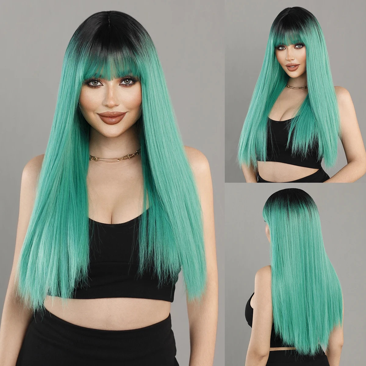 NAMM Long Straight Grass Green With Black On Top Wig With Bangs for Women Popular Sweet Synthetic Wig for Daily Cosplay