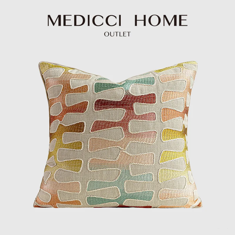 Medicci Home Squigly Embroidery Throw Pillow Cover Multi Color Geometric Shapes Decorative Cushion Case Bohemian Home Decor