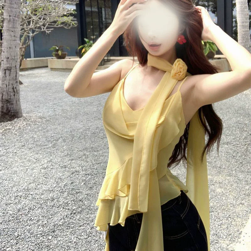 Chic Women Flutter Sleeve Camisole Tops Tiered Ruffled Ribbon 3D Flower Square Neck Crop Tank Tops Y2K Vintage Streetwear