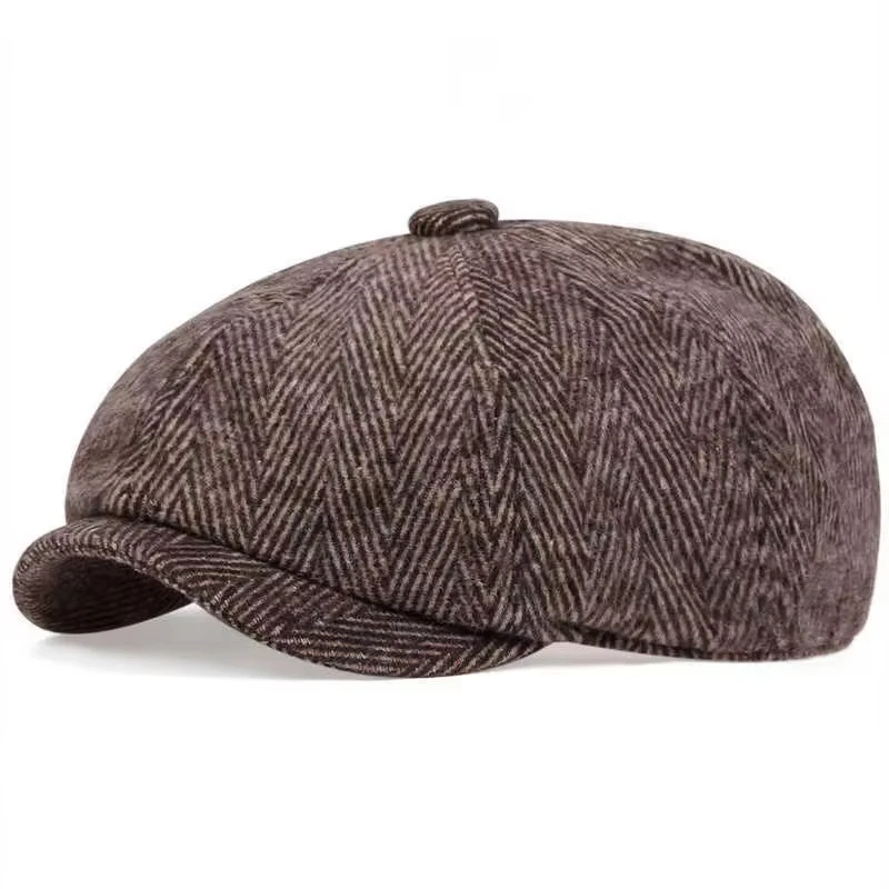 Vintage Herringbone Tweed Flat Cap British Newsboy Hat 8 Panel Ivy Cap Peaky Blinders Style Gentleman Casual Winter Headwear - view 6