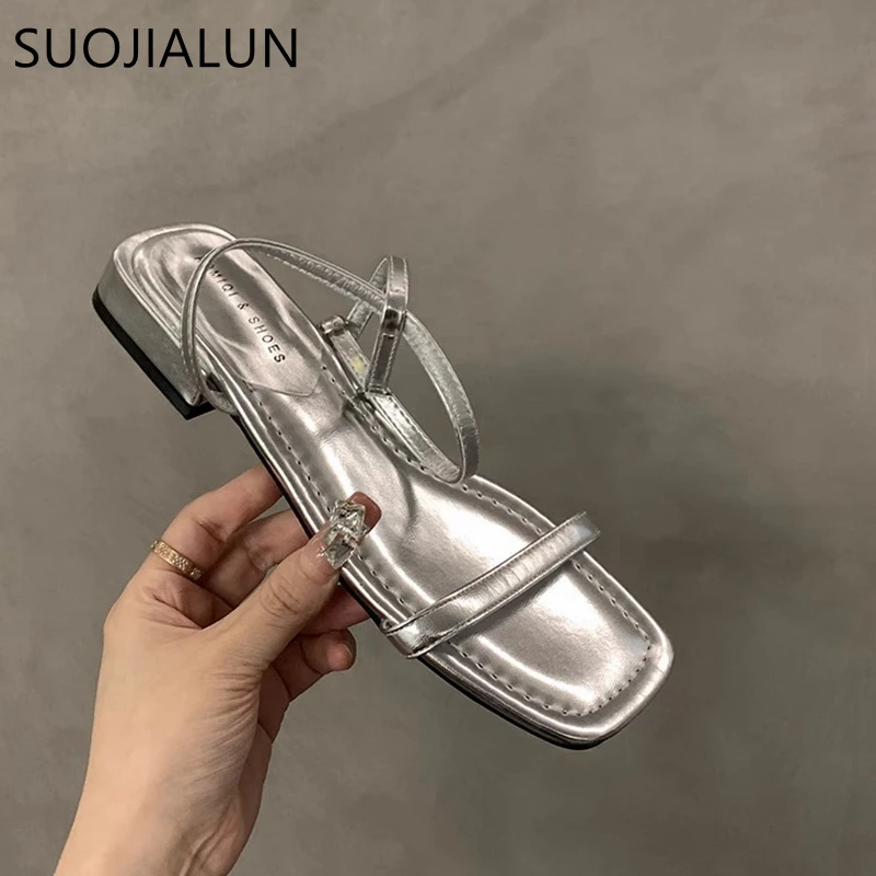 SUOJIALUN 2024 Summer Women Slipper Fashion Narrow Band Ladies Casual Sandal Shoes Square Low Heel Outdoor Dress Gladiator Shoes