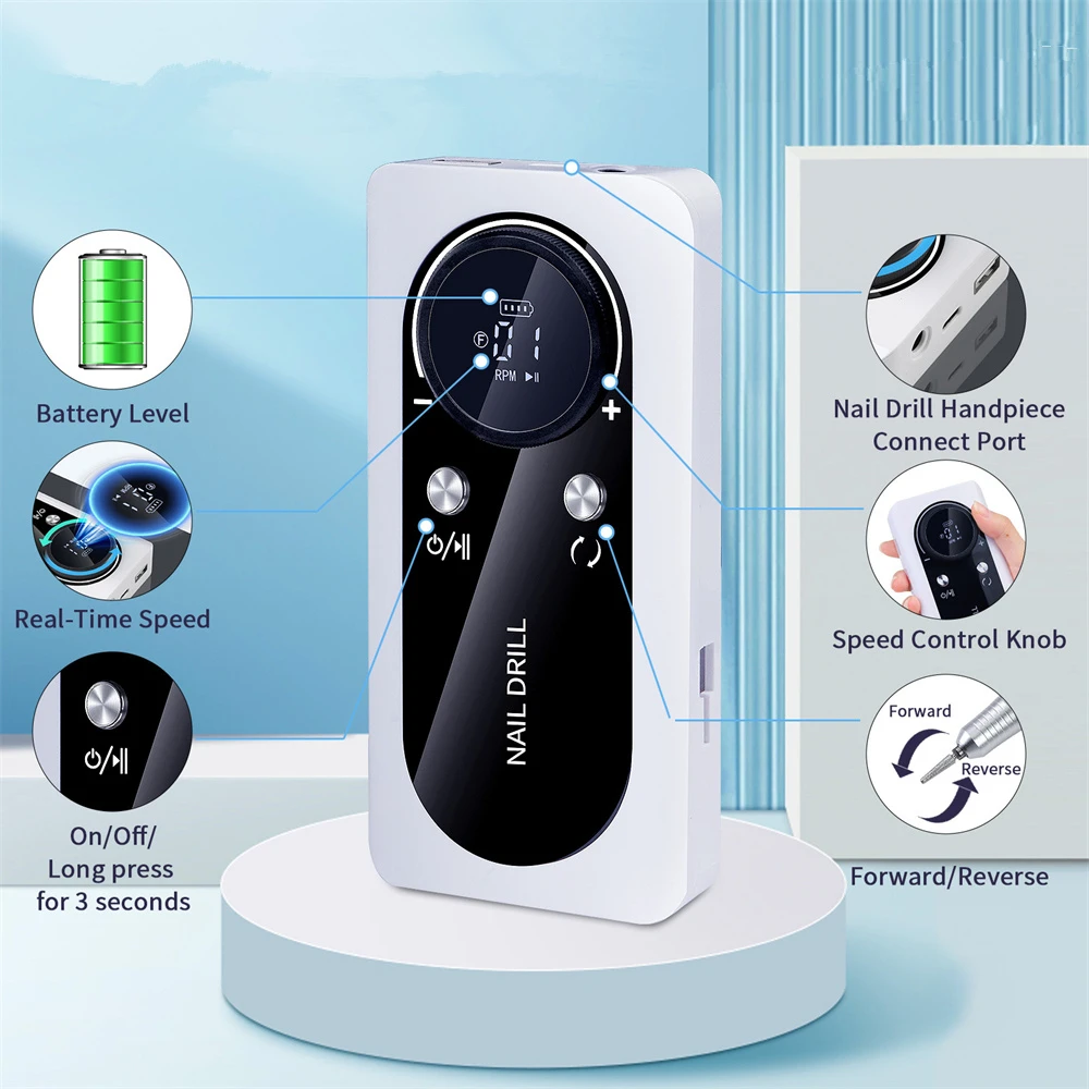 Przenośna, ładowalna frezarka do paznokci 45000 RPM z silnikiem bezszczotkowym, zasilana przez USB, model z bitami do polerowania, narzędzia do salonu kosmetycznego.