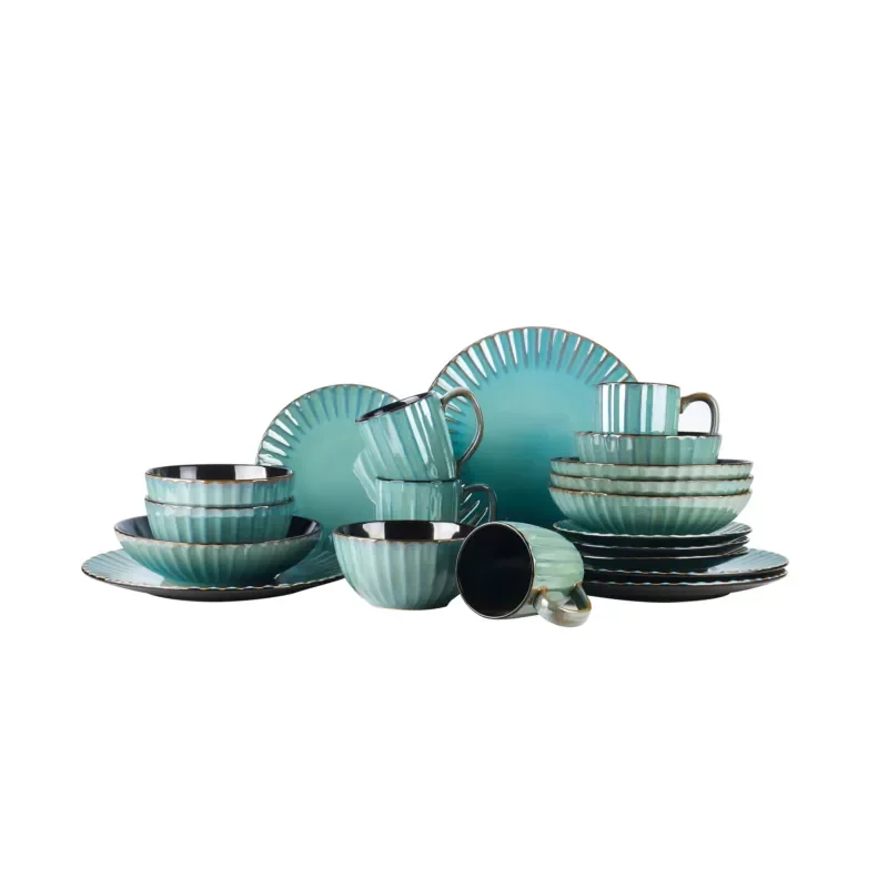 September Promotion Golden Green Stoneware Embossed 16pc Dinner Set High Quality Ceramic Sets Microwave Safe Dinnerware Sets