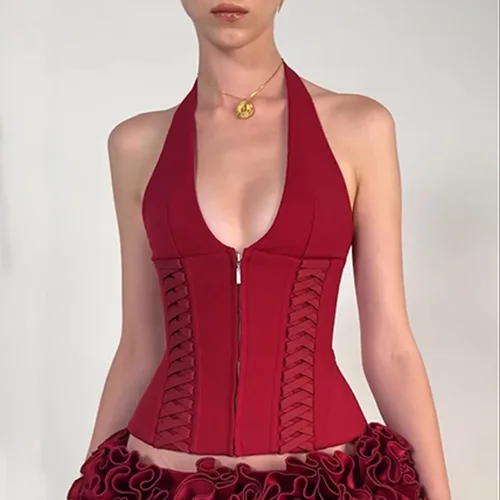 Imagen 2 del producto Tops con cuello en V y cuello Halter criptográfico, trajes de moda de verano, Festival Rave, espalda descubierta, detalle de cremallera, Top corto, ropa para fiesta y discoteca