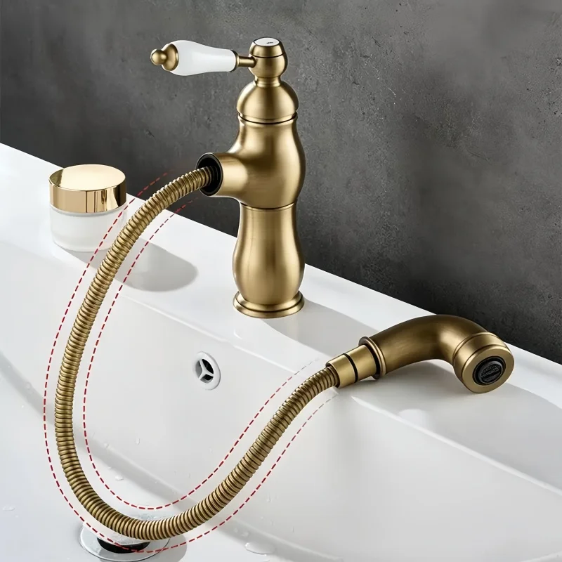 Retro brass pull-out faucet with single-hole cold and hot water spout