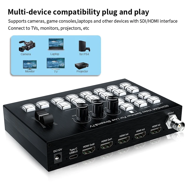 1 SDI 3 canali HDMI fotocamera multipla streaming live commutatore video mixer direttore supporto canale registrazione di tipo C acquisizione video