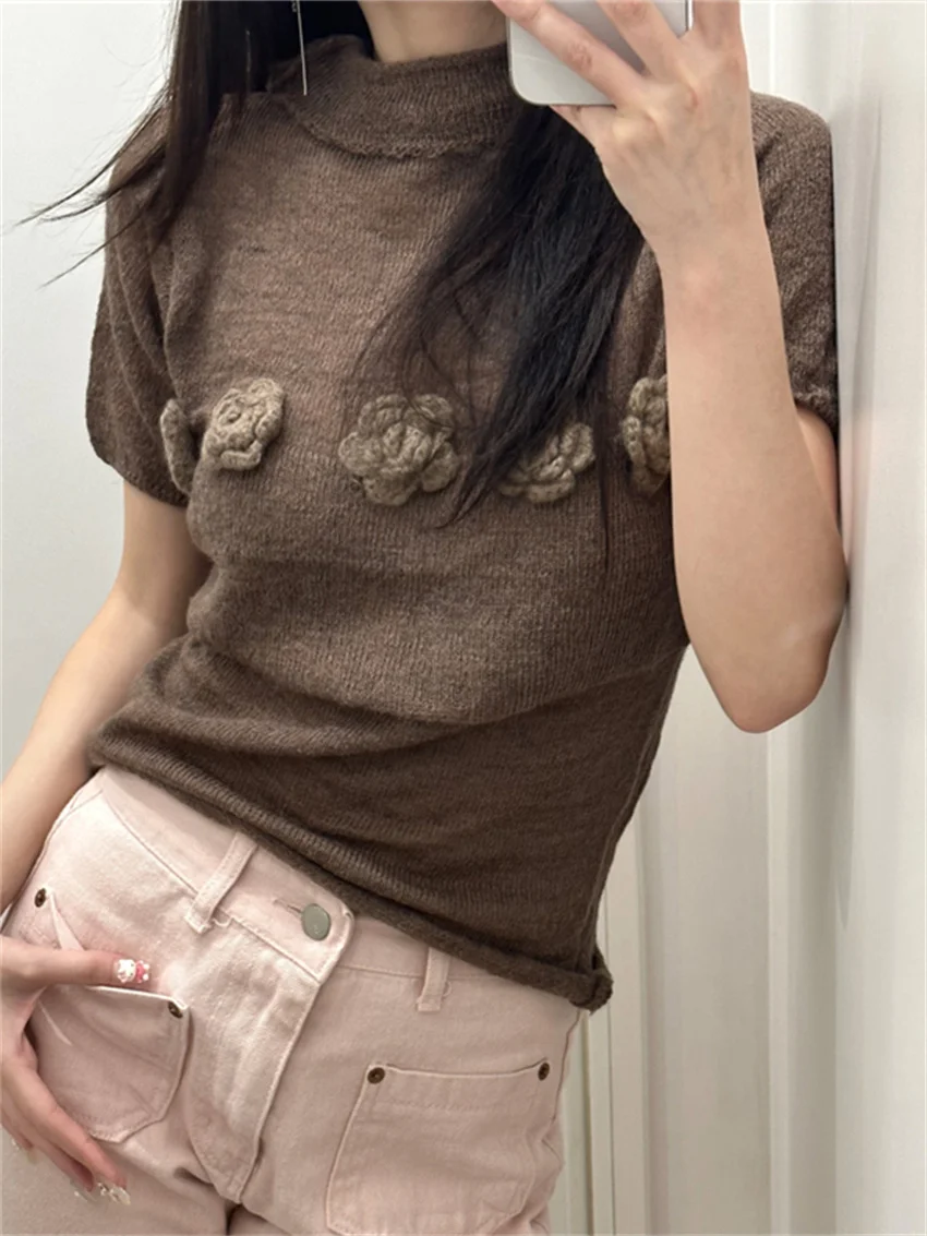 

Alien Kitty Autumn Chic Roses Slim Sweaters OL Mock Neck 2023 New Elegant Pullovers Sweet Gentle Short Sleeve Office Lady