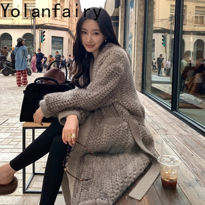 

YOLANFAIRY natural weave mink coat woman real fur autumn V-neck long sleeves Casual temperament Casual fur overcoat female 2025