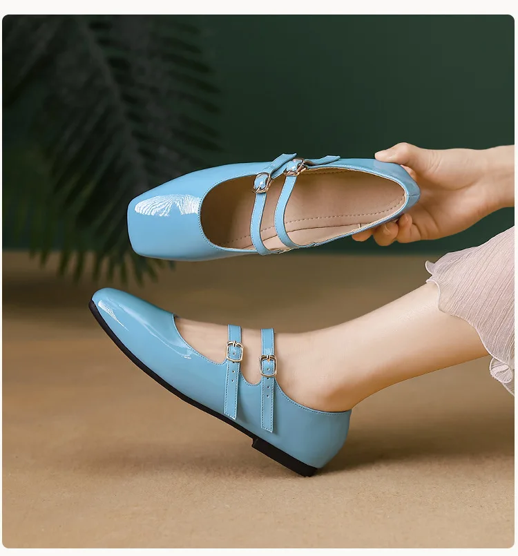 Women's Flats Shoes Leather Mary Janes Shoes Square Toe Double Buckle Designer Shoes Buckle Strap Low Heels Female Nude shoes