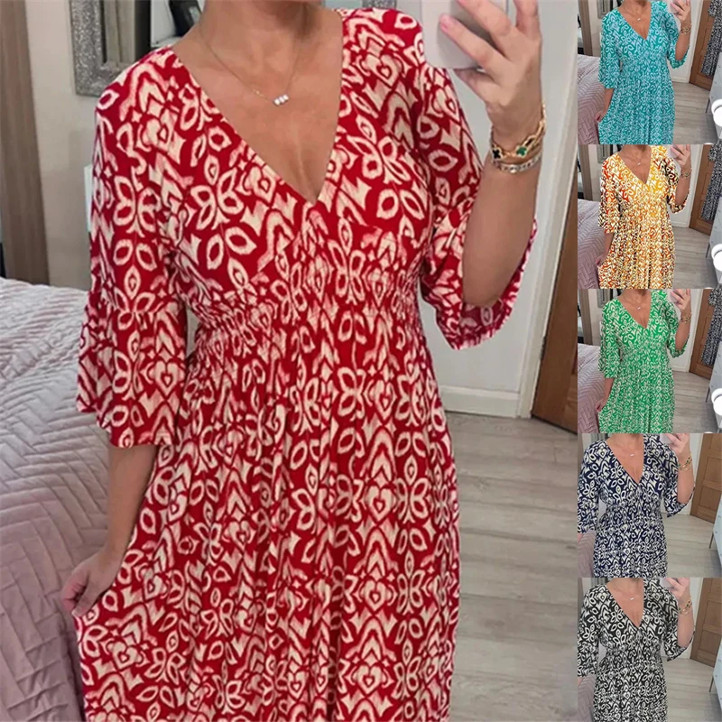 Abito da donna con scollo a v maniche ritagliate abiti floreali per le vacanze al mare Casual allentato elegantelastico in vita gonna lunga a trapezio