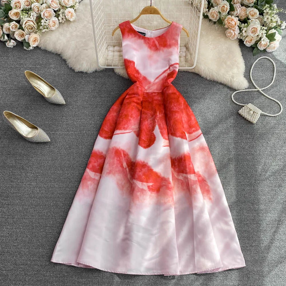 Fashion Flower Print Wmen Vest Midi Dress Elegant O Neck Summer Sleeveless Slim High Waist A Line Party Runway Tank Dress