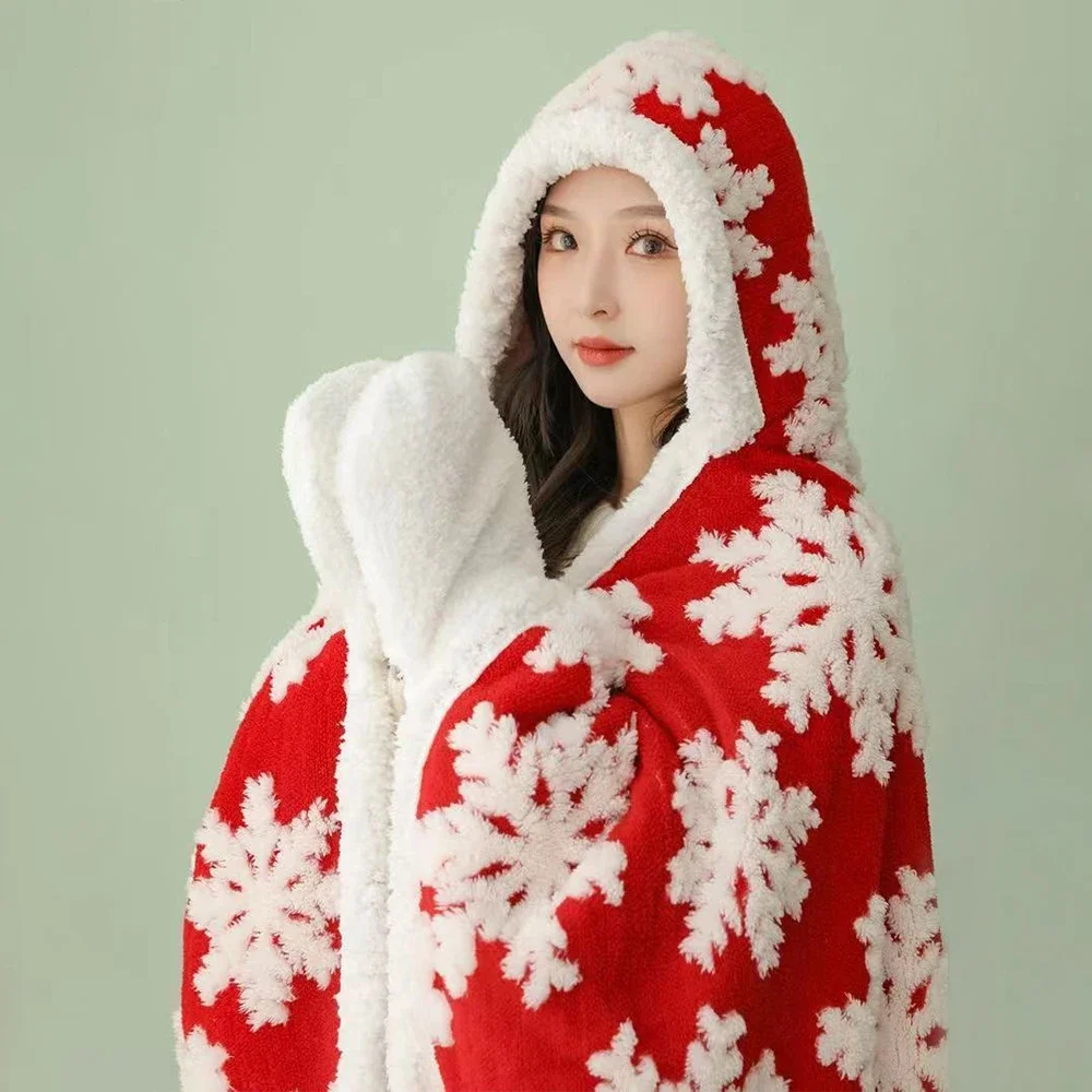 Warm Winter Wearable Blanket Snowflake Red Thickened Throws Lamb Wool Sofa Cover Shawl Cape Flannel Bluey Nap Blankets Bedspread