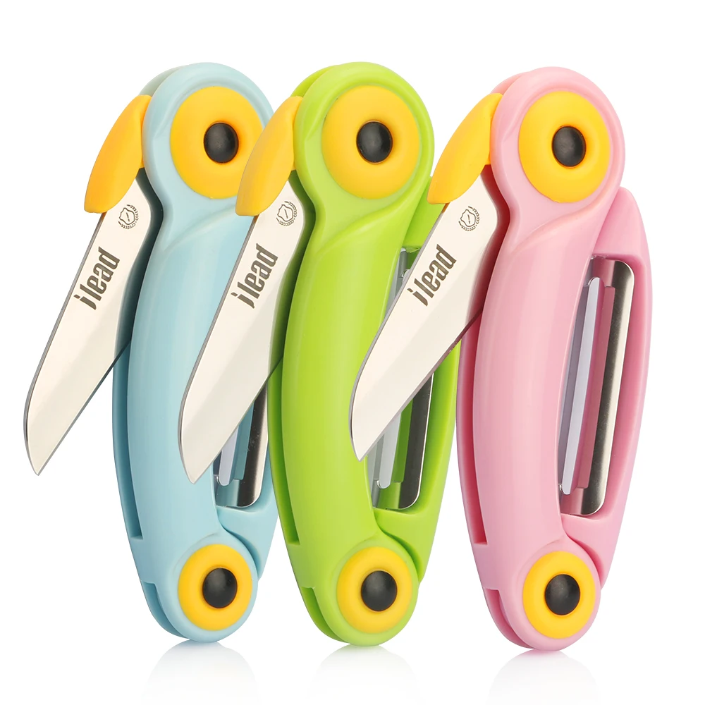 

Складной нож для фруктов 2-в-1 с безопасным хранением. Портативная овощечистка для кемпинга и бытовая овощечистка.