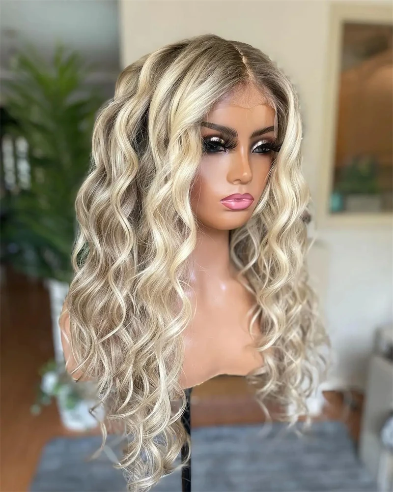 

Loose Curly Human Hair Wig 13x6/13x4 Lace Frontal Wigs for Women Honey Blonde with Ash Highlights Full Lace Wig 100% Real Qearl