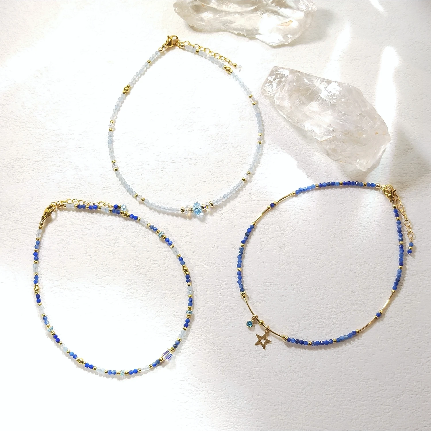 Lii Ji Natural Kyanite Aquamarine Lapis Lazuli 2mm American 14K Gold Filled Charm Anklet 24+3cm