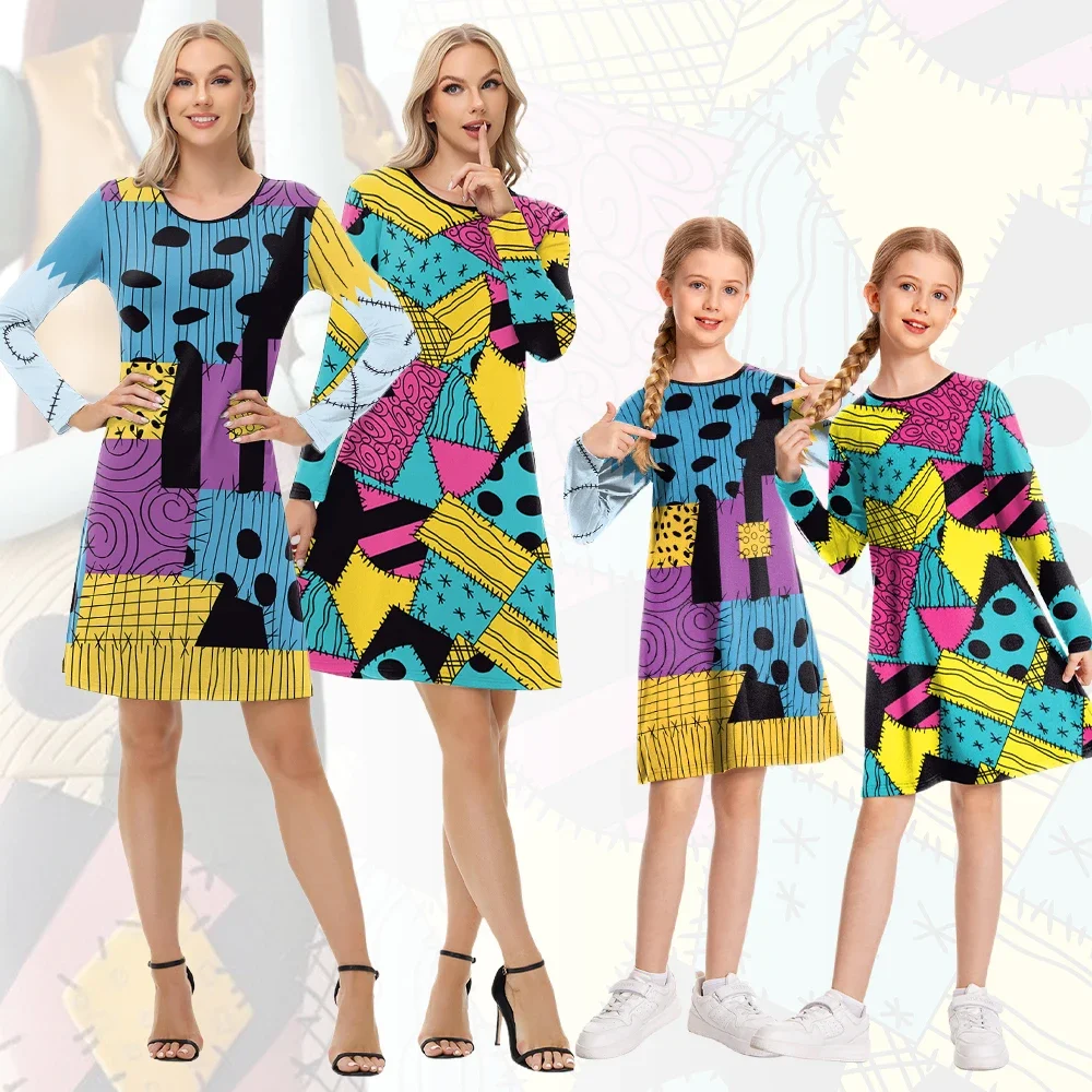 

VOCKOO Halloween Sally Cosplay Costumes Matching Clothing Festival Party Clothing Long Sleeve Dresses Women Girls Dress