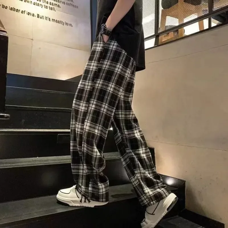 Straight Plaid Men's Casual Pants Long Check Male Trousers Korean Style Clothes Low Price Stylish Y2k Fashion 2024 Streetwear