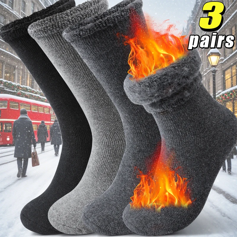 

3 пары мужских плюшевых термоносков, очень толстые носки с флисовой подкладкой, зимние мягкие носки до середины икры для повседневного ношения и активного отдыха