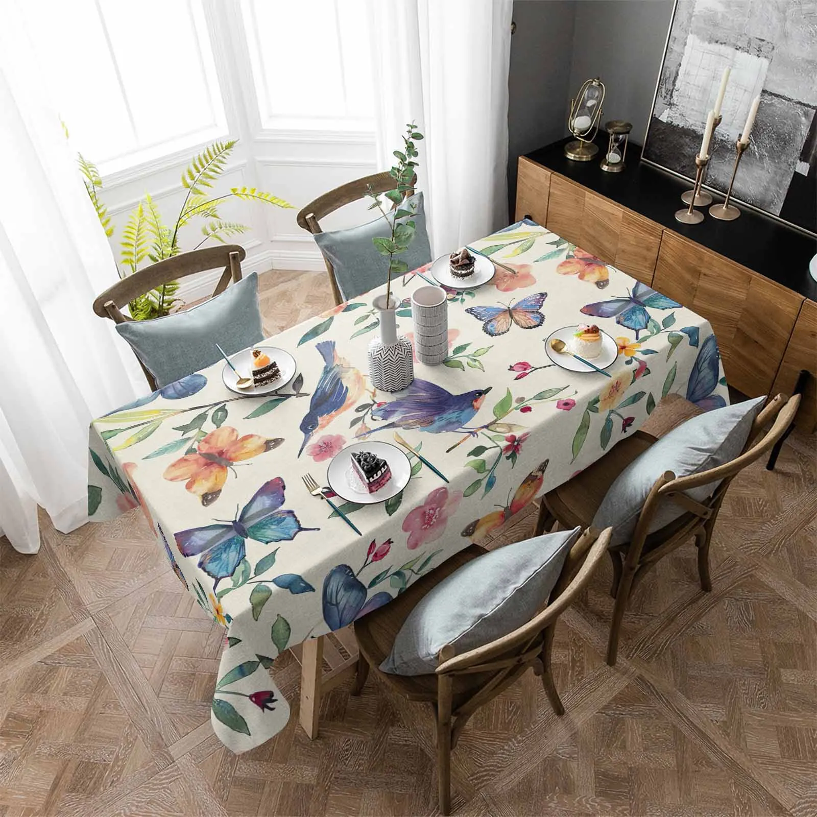 

Flowers Birds Watercolors Leaves Tablecloth Waterproof Dining Table Rectangular Round Table Cover Home Kitchen Decoration