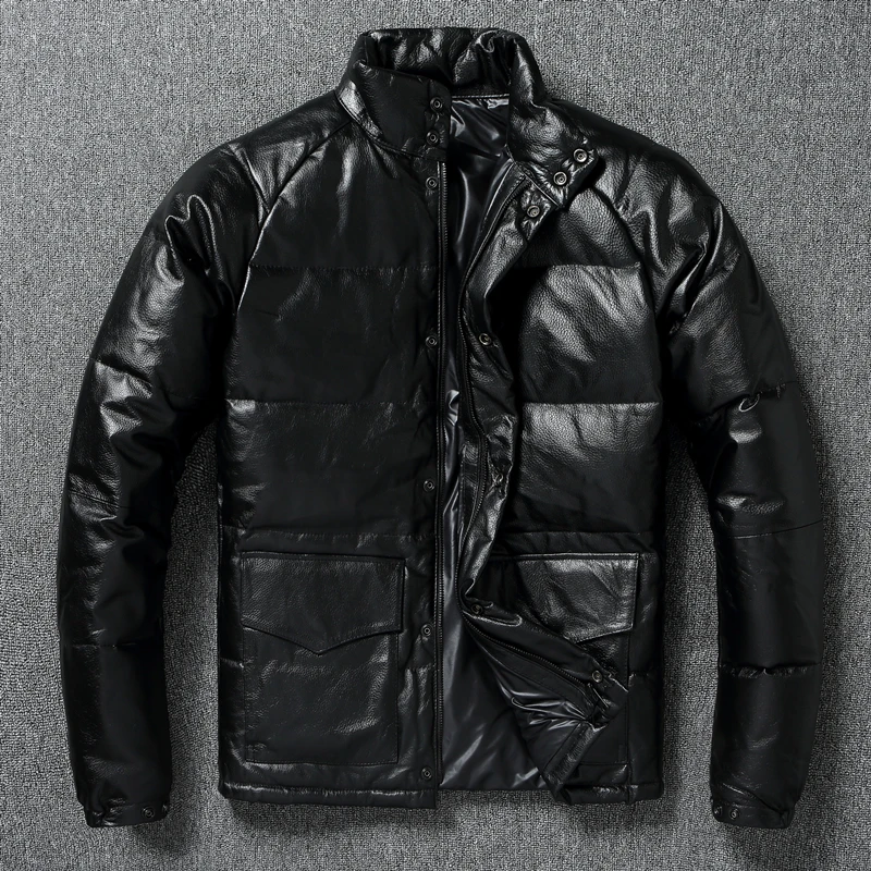 

Новейшая мужская короткая байкерская куртка приталенного кроя из натуральной телячьей кожи с пуховой изоляцией