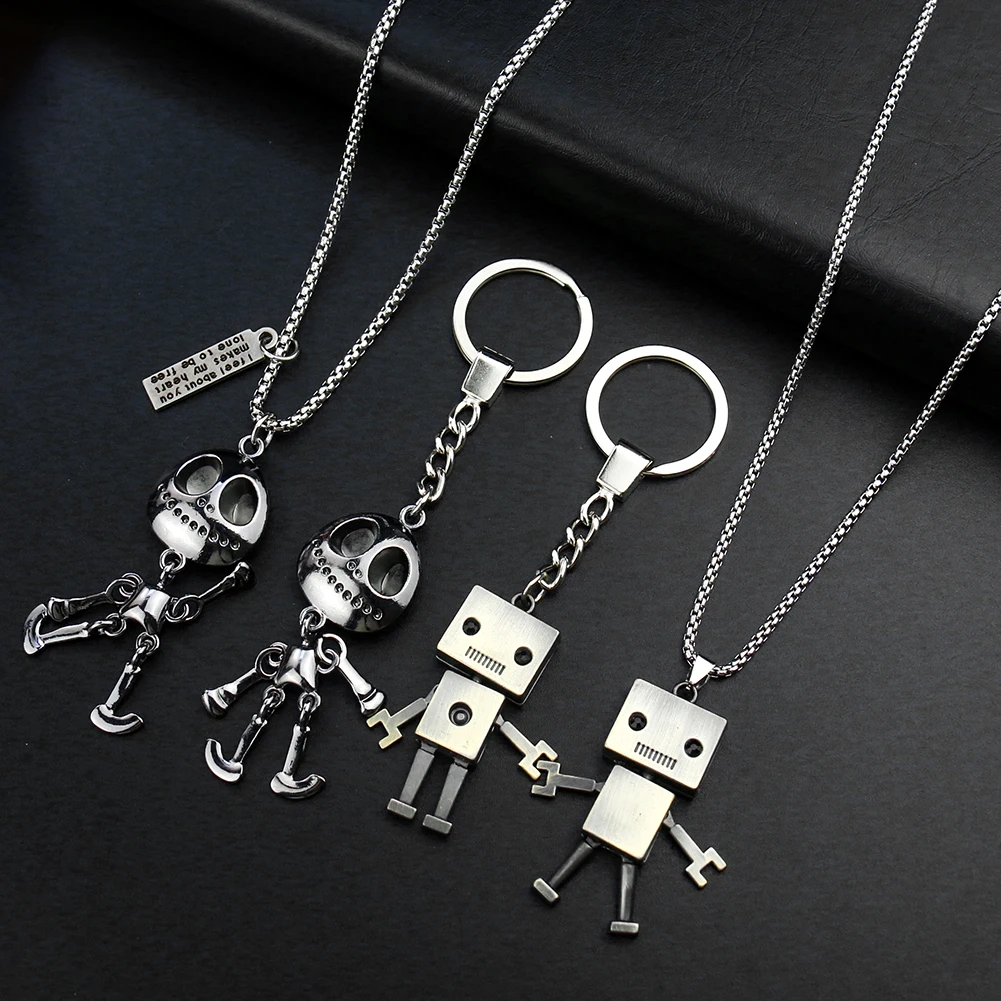 Metal Silver Color Robot Skull Ghost Necklace Keychain Hip-Hop Punk Style Accessories Daily Styling Gift for Halloween Day