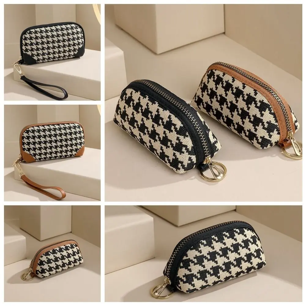 

Portable Pu Leather Long Style Wallet Car Key Bag Canvas Houndstooth Zipper Purse Money Clip Printing Square Change Purse Girls