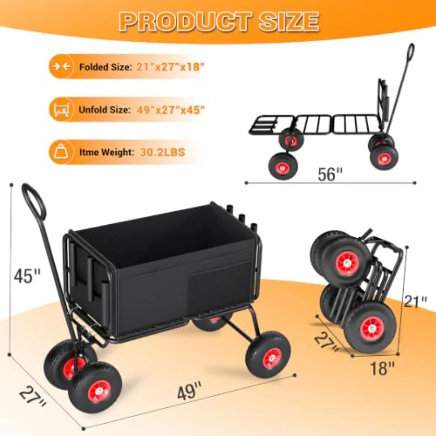 3 in 1 Fishing Cart, Heavy Duty Garden Carts w/All Terrain Inflatable Tires, Folding Wagon Cart, Convert to Chair or Bench with