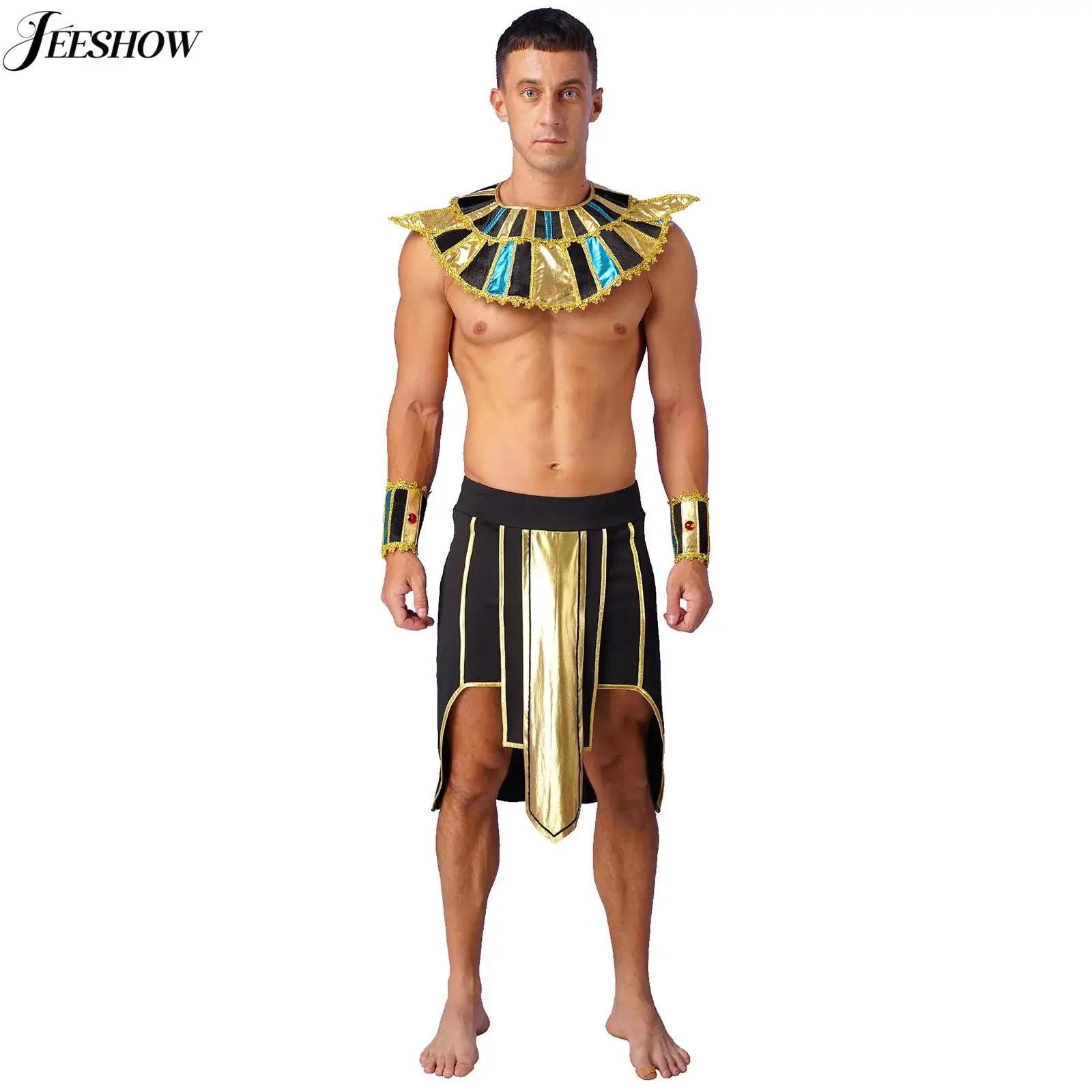 Mens Sexy Ancient Egypt Costume 3 Piece Egyptian Pharaoh Role Play Outfits Metallic Trim Skirt with Cuffs Self-tie Collar Wrist