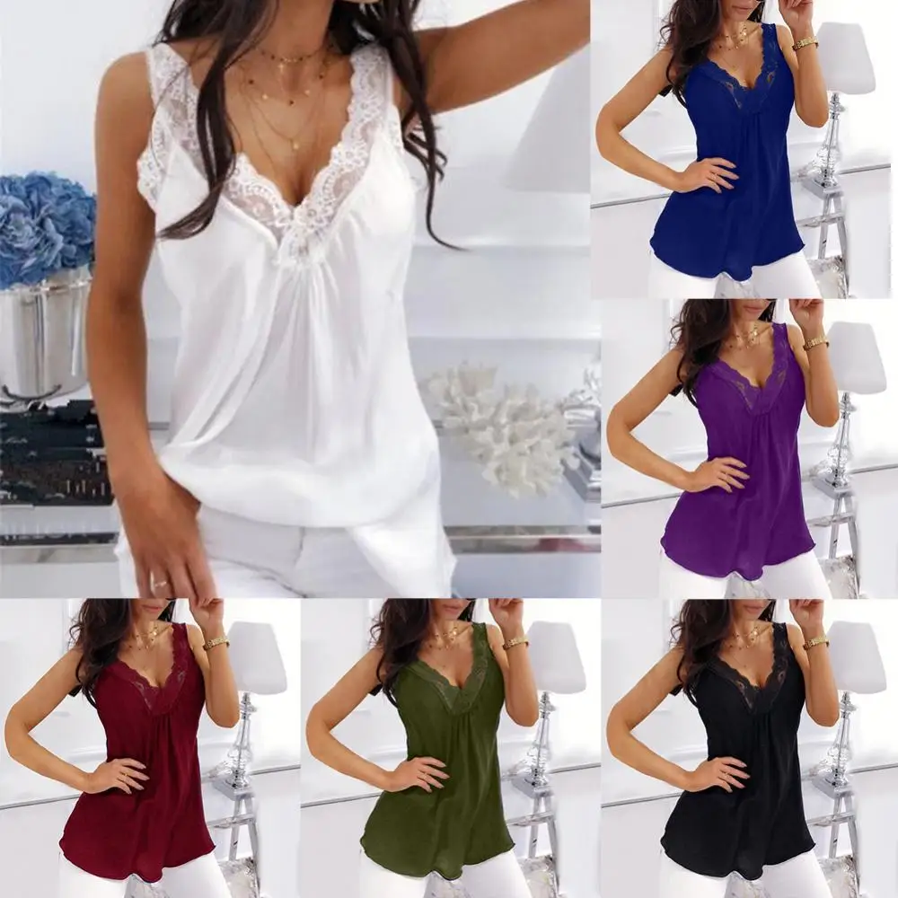 HOT SALES!!! Plus Size Sexy Solid Color Lace Patchwork V Neck Women Sleeveless Tank Top Vest